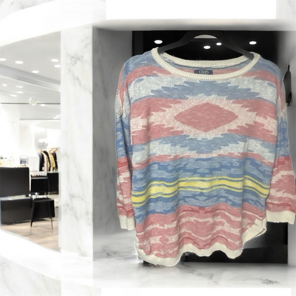 Chaps Women's Southwestern Aztec Knit Sweater Multicolor Boho Pullover Size L